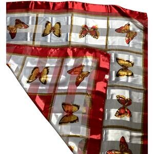 Vintage‎ Silky Butterfly Patchwork Pashmina Layering Scarf Red Boho Grandmacore